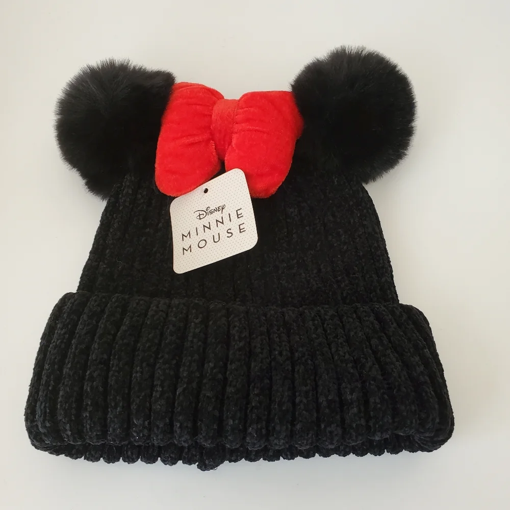 New Disney Minne Mouse Girls Black Red Bow Beannie Winter Hat